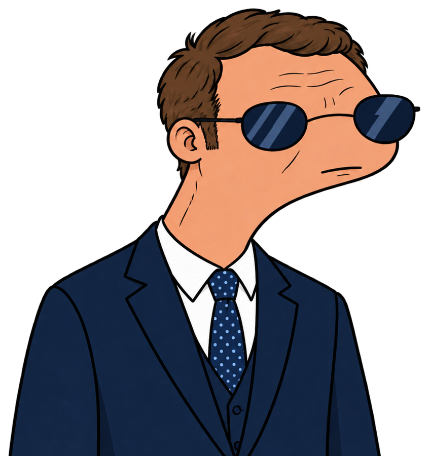 Emmoonuel Macoin, a parody character in a blue suit and aviator sunglasses